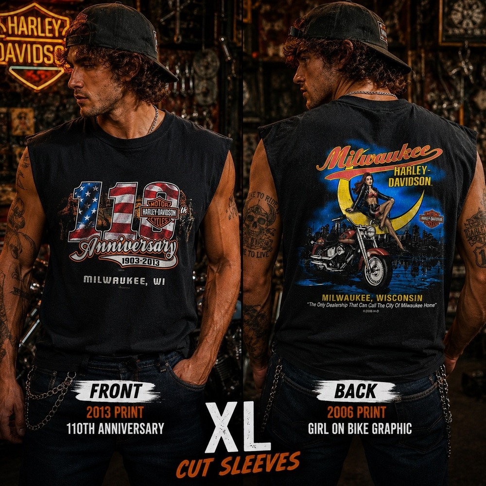 Harley 110th Anniversary Pinup Babe Sleeveless Shirt Mens XL Black Tee - Picture 4 of 9